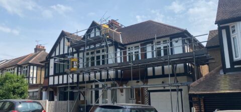 semi-detached house with scaffolding